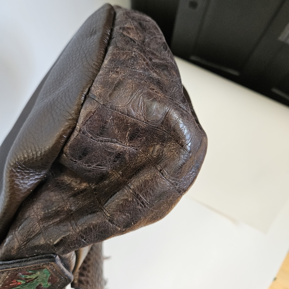 Vintage 70s Tooled Leather Braided Shoulder Strap Fringe Saddle Bag Purse - Picture 5 of 8